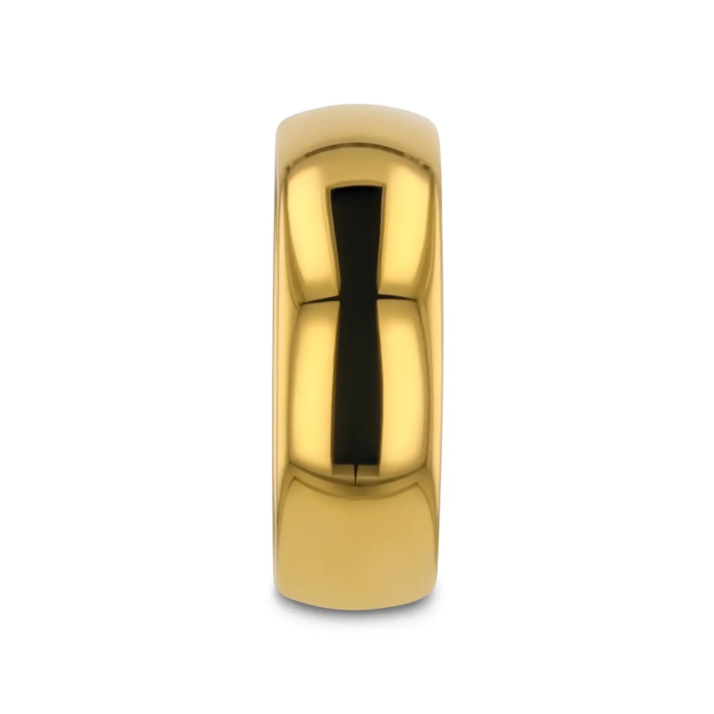 Front view of the gold-plated domed tungsten carbide ring highlighting its rounded profile and high polish.