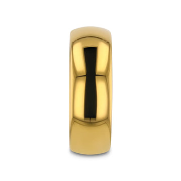 Front view of the gold-plated domed tungsten carbide ring highlighting its rounded profile and high polish.