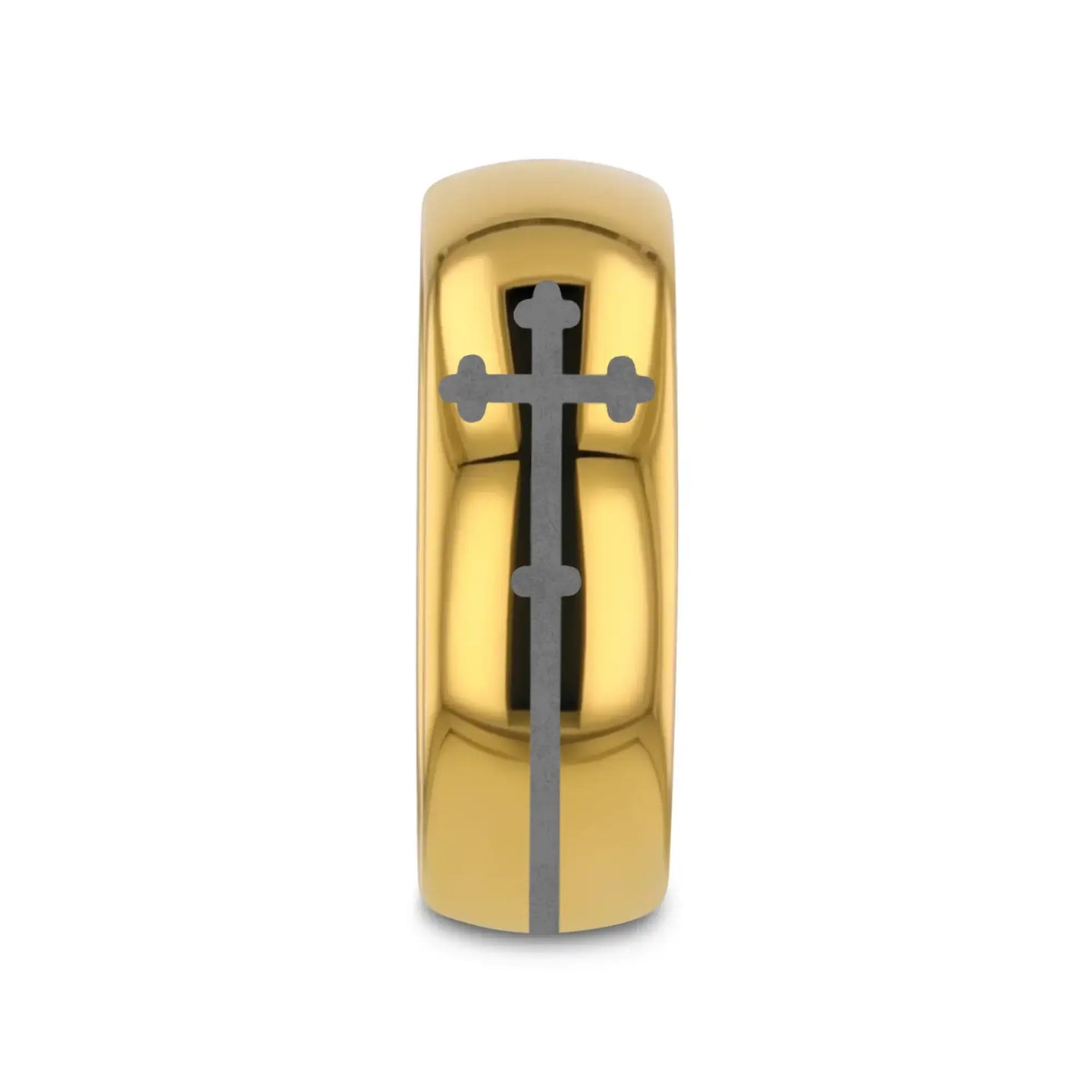 SIDEWAYS CROSS on Domed Gold Plated Tungsten Carbide Ring - Larson Jewelers