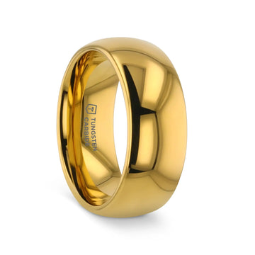 Gold-plated domed tungsten carbide wedding band standing upright, showing polished finish and comfort-fit interior marked Tungsten Carbide.