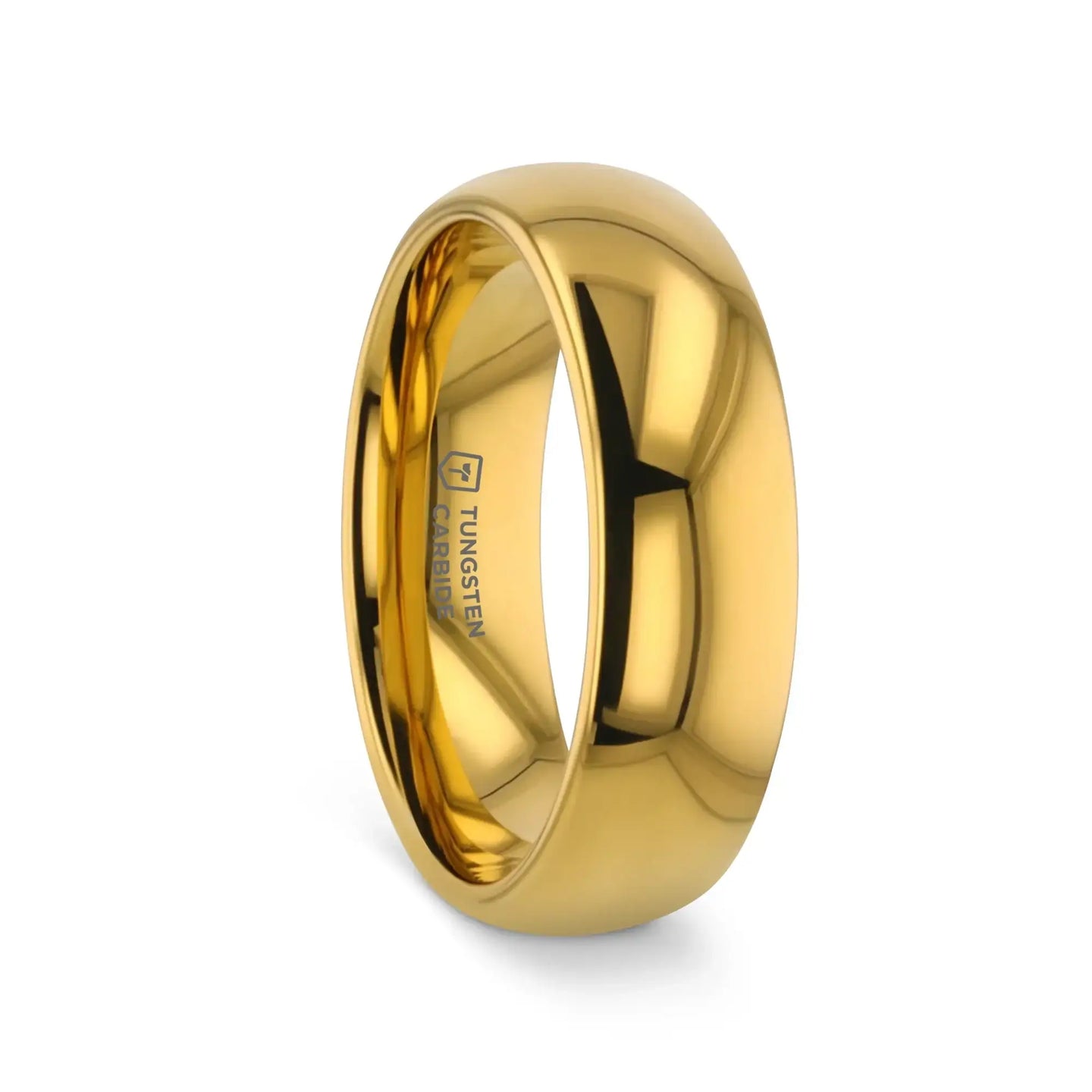 Gold-plated domed tungsten carbide wedding band worn on a hand to show fit and shine.