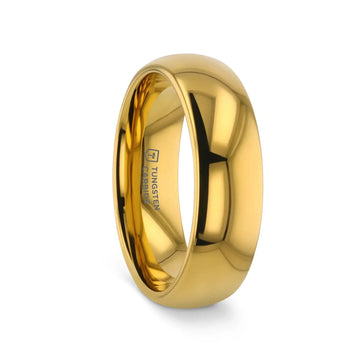 Gold-plated domed tungsten carbide wedding band worn on a hand to show fit and shine.