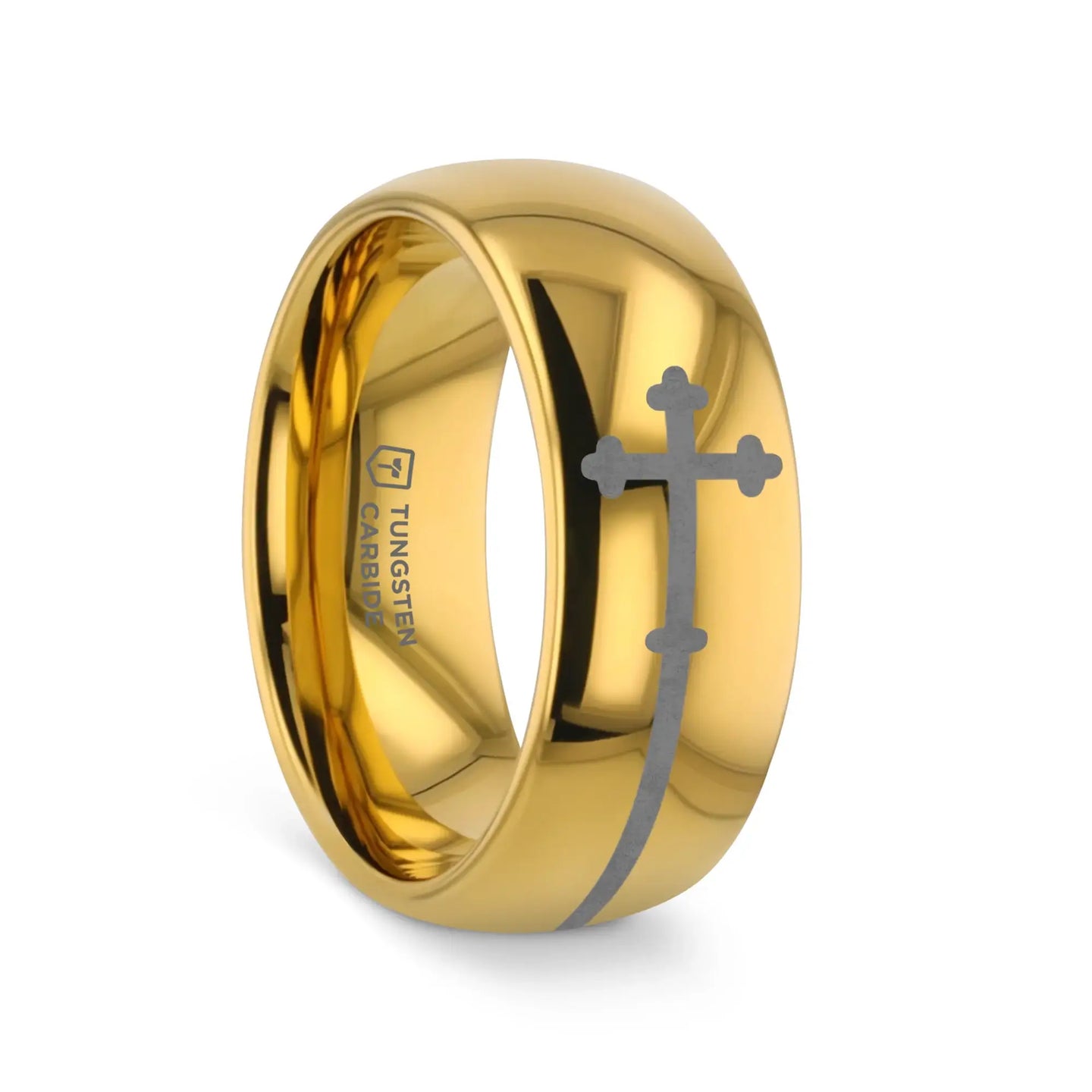 SIDEWAYS CROSS on Domed Gold Plated Tungsten Carbide Ring - Larson Jewelers
