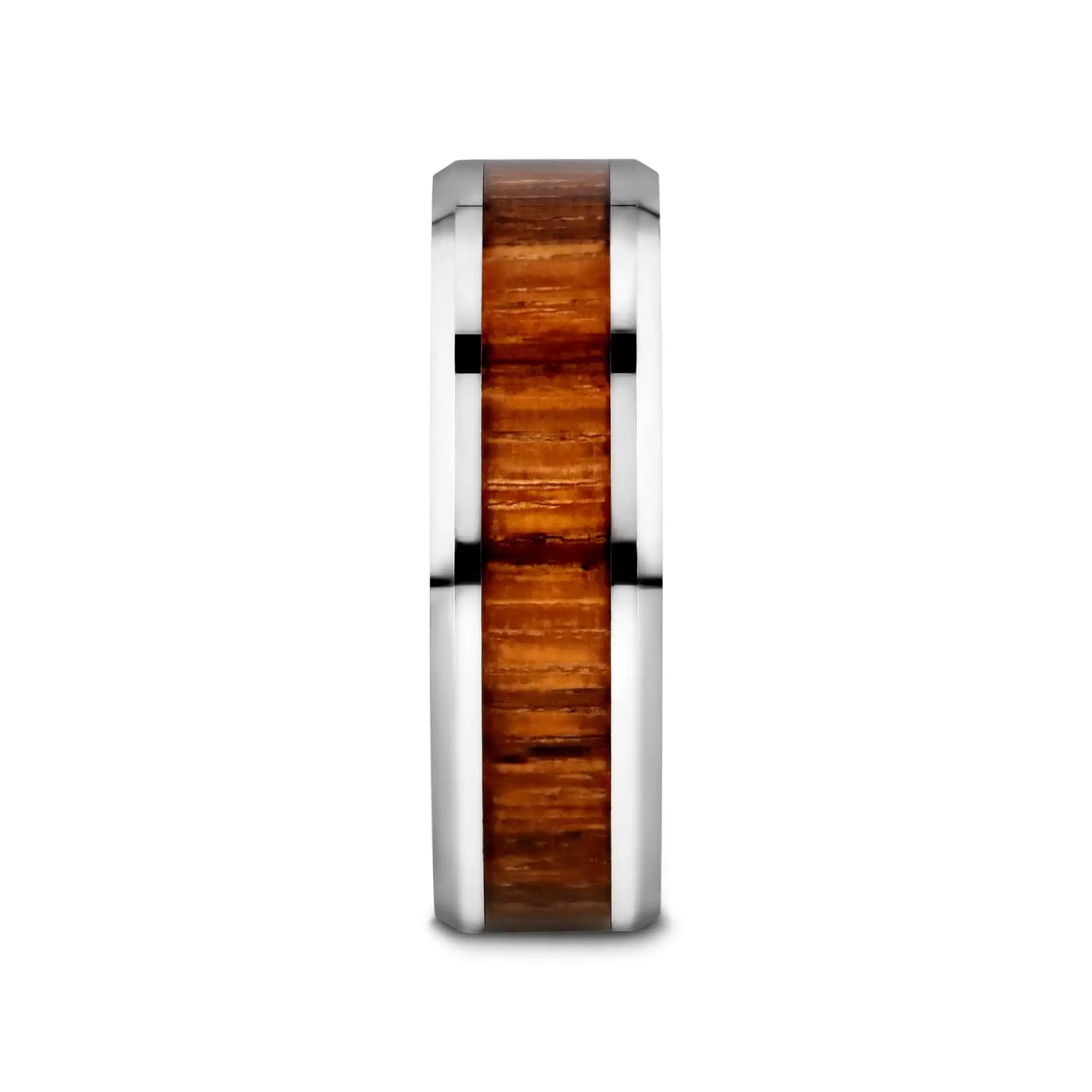 PALMALETTO Tungsten Carbide Ring with Beveled Edges and Real Zebra Wood Inlay - 4mm - 10mm - Larson Jewelers