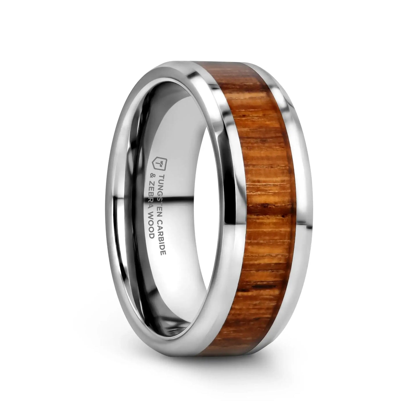PALMALETTO Tungsten Carbide Ring with Beveled Edges and Real Zebra Wood Inlay - 4mm - 10mm - Larson Jewelers