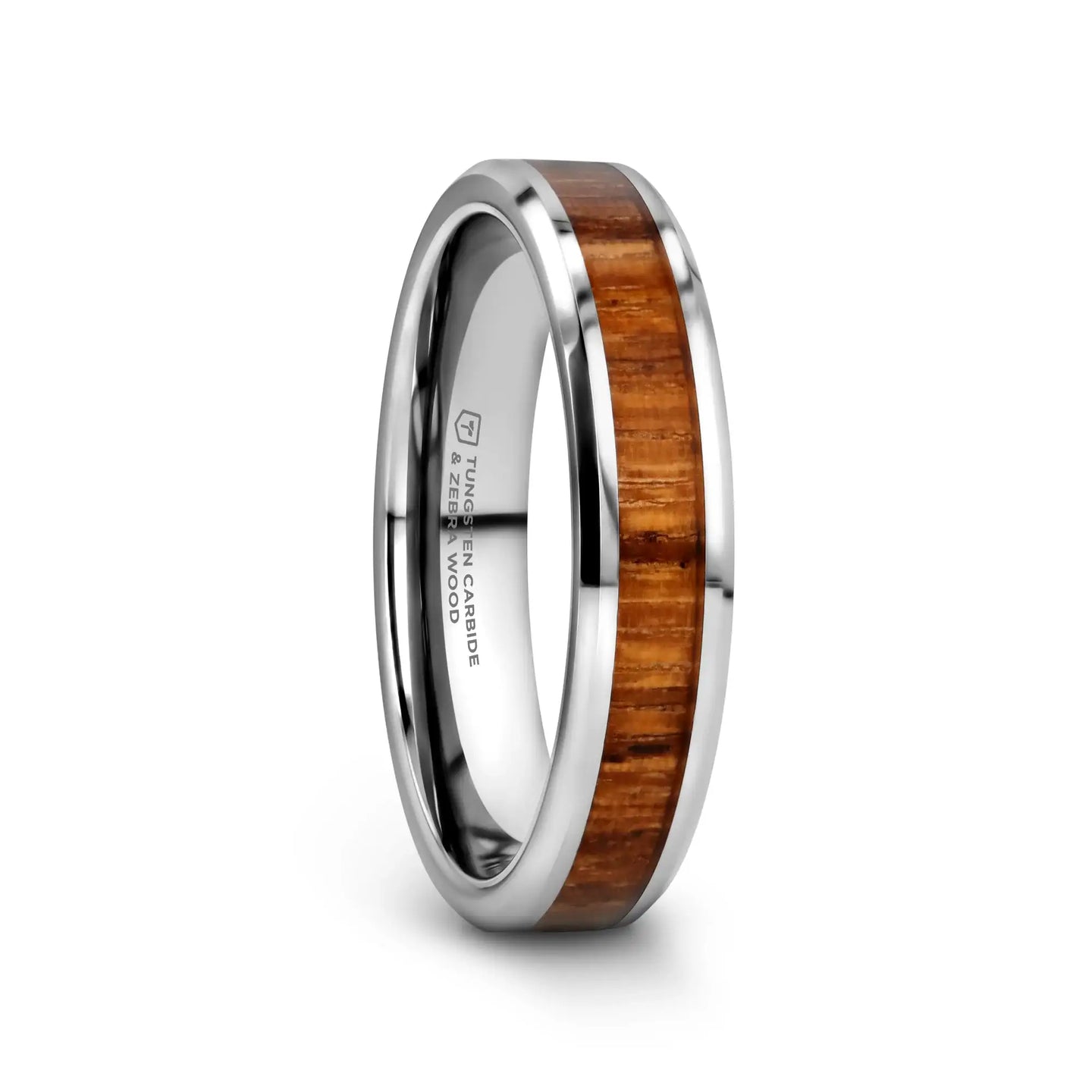 PALMALETTO Tungsten Carbide Ring with Beveled Edges and Real Zebra Wood Inlay - 4mm - Larson Jewelers