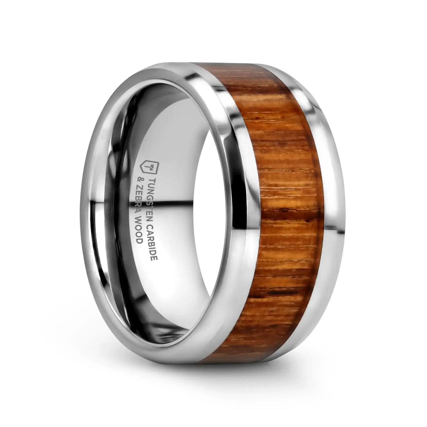 PALMALETTO Tungsten Carbide Ring with Beveled Edges and Real Zebra Wood Inlay - 4mm - 10mm - Larson Jewelers