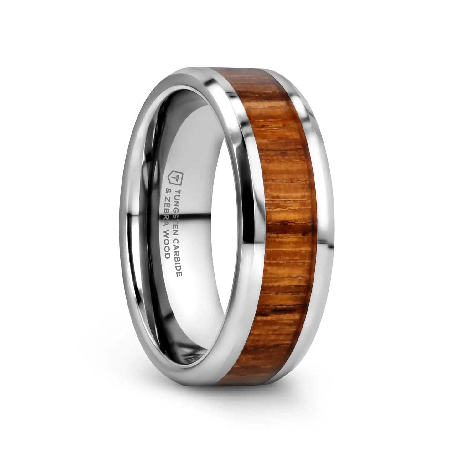 PALMALETTO Tungsten Carbide Ring with Beveled Edges and Real Zebra Wood Inlay - 4mm - 10mm - Larson Jewelers