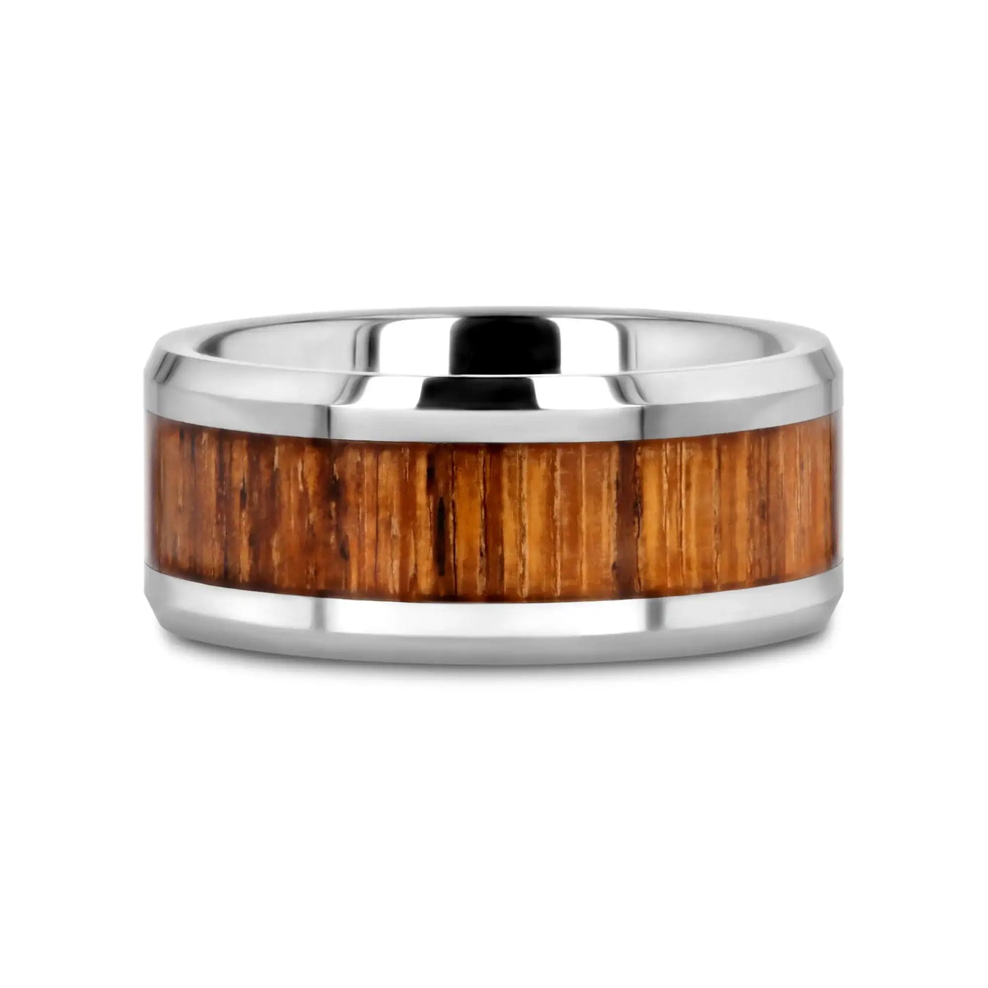 PALMALETTO Tungsten Carbide Ring with Beveled Edges and Real Zebra Wood Inlay - 4mm - 10mm - Larson Jewelers