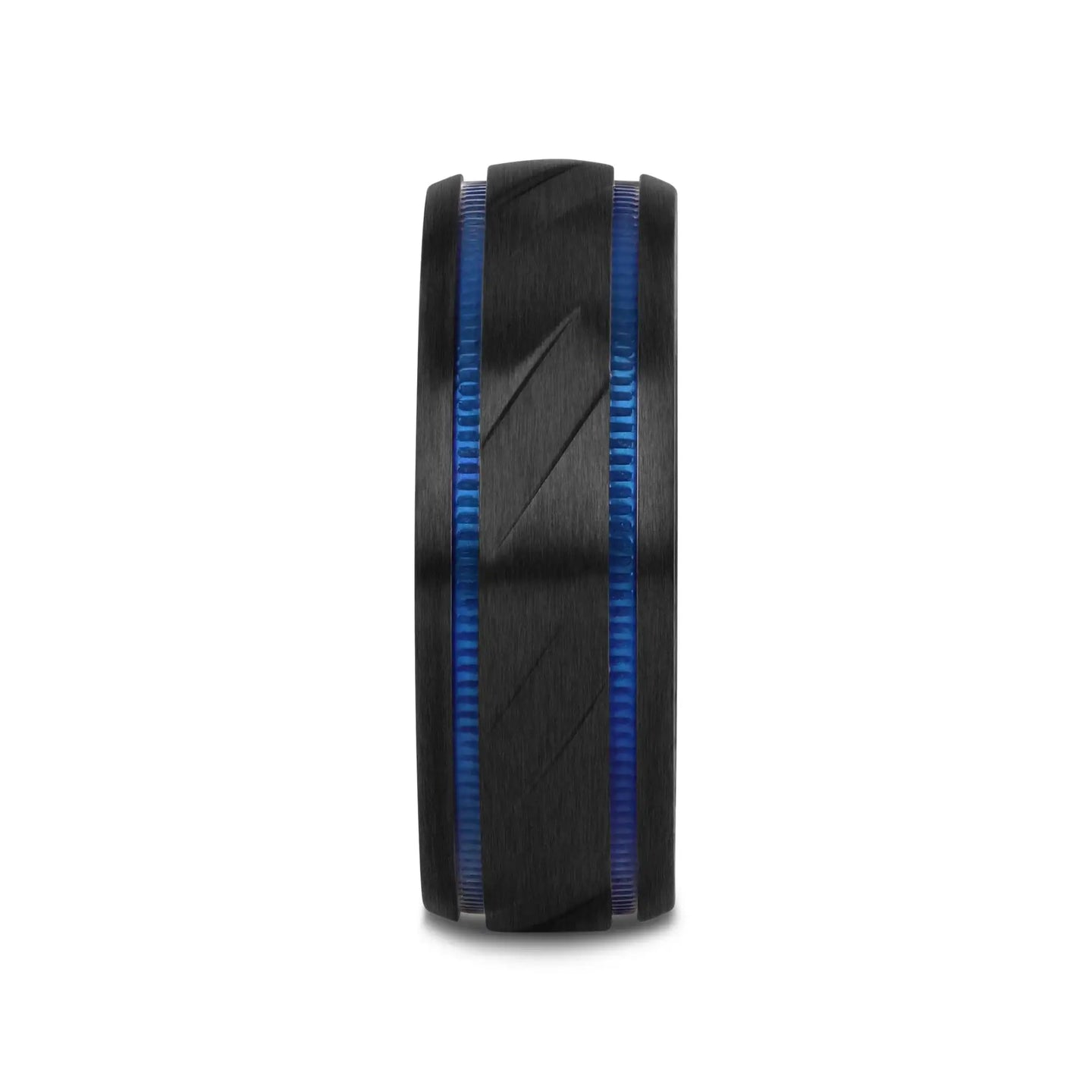 PATROL Black Titanium Carved Diagonal Pattern Brushed Finish Men’s Wedding Ring with Blue Milgrain Grooves – 8mm - Larson Jewelers