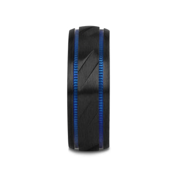 PATROL Black Titanium Carved Diagonal Pattern Brushed Finish Men’s Wedding Ring with Blue Milgrain Grooves – 8mm - Larson Jewelers