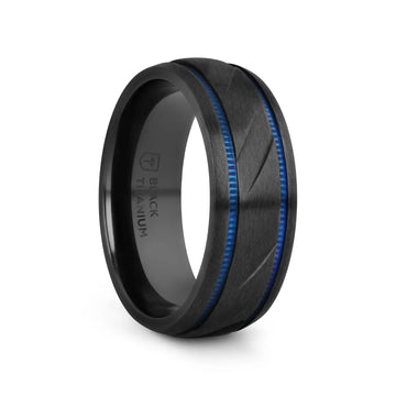 PATROL Black Titanium Carved Diagonal Pattern Brushed Finish Men’s Wedding Ring with Blue Milgrain Grooves – 8mm - Larson Jewelers