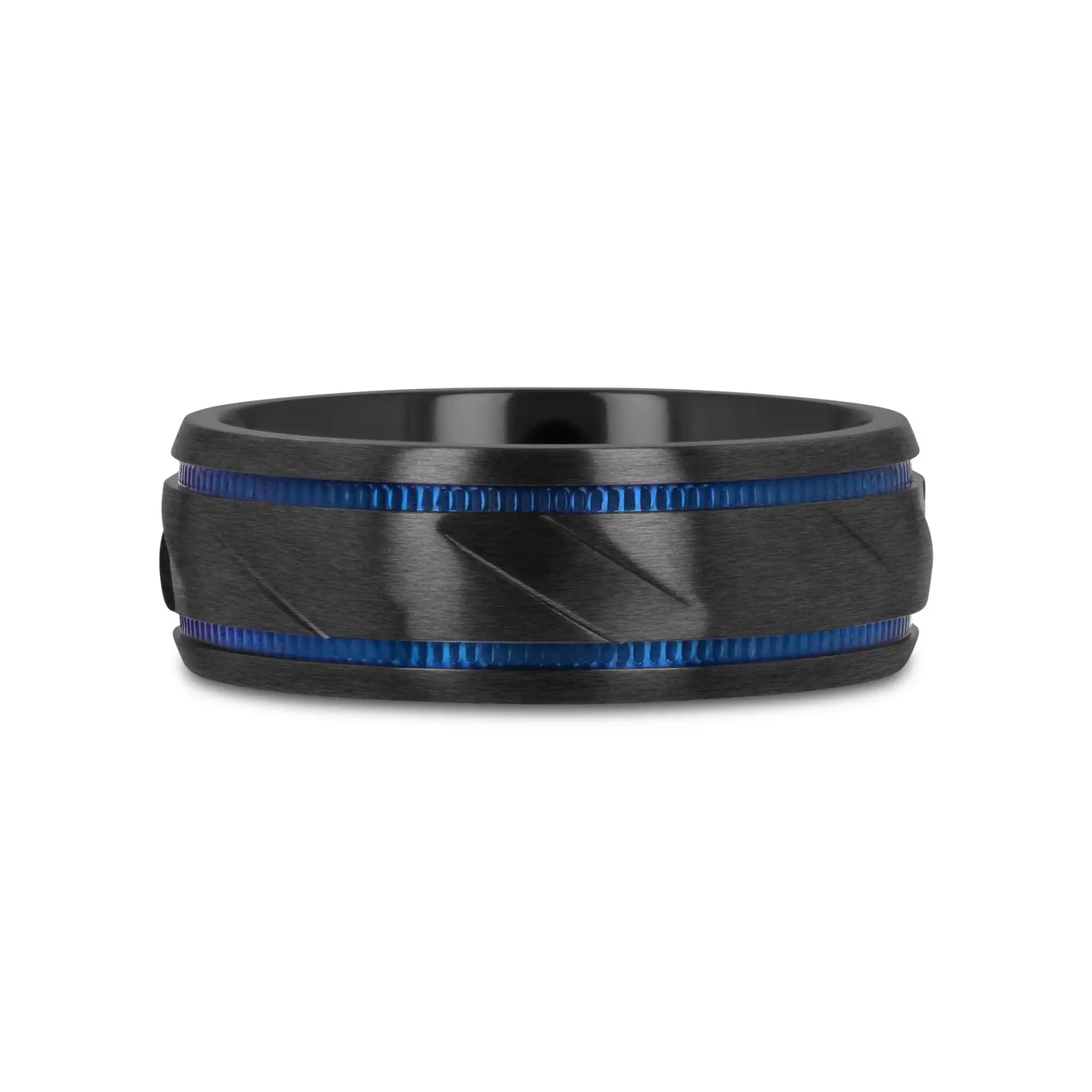 PATROL Black Titanium Carved Diagonal Pattern Brushed Finish Men’s Wedding Ring with Blue Milgrain Grooves – 8mm - Larson Jewelers