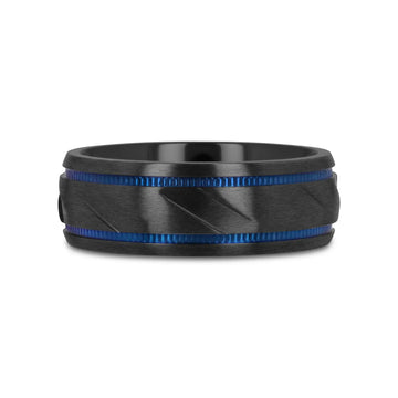 PATROL Black Titanium Carved Diagonal Pattern Brushed Finish Men’s Wedding Ring with Blue Milgrain Grooves – 8mm - Larson Jewelers