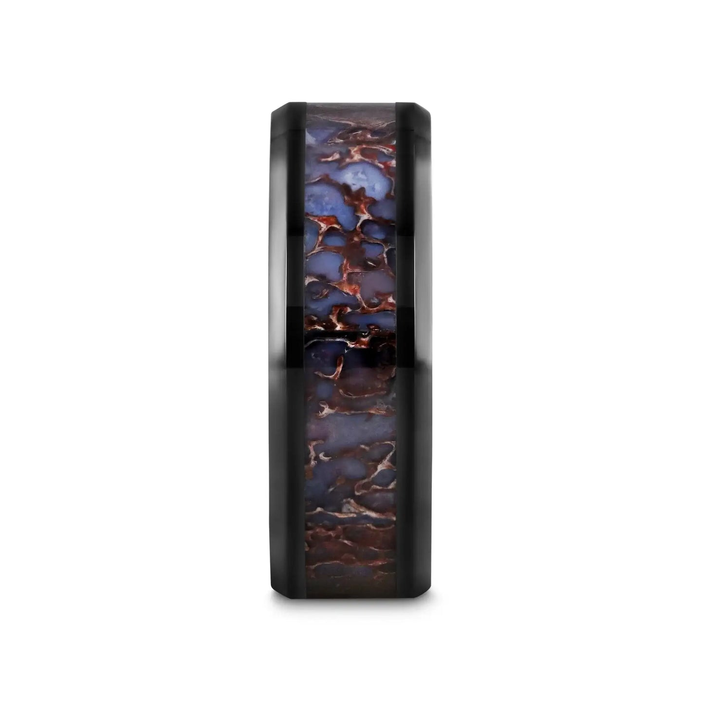 PERMIAN Blue Dinosaur Bone Inlaid Black Ceramic Beveled Edged Ring - 4mm or 8mm - Larson Jewelers