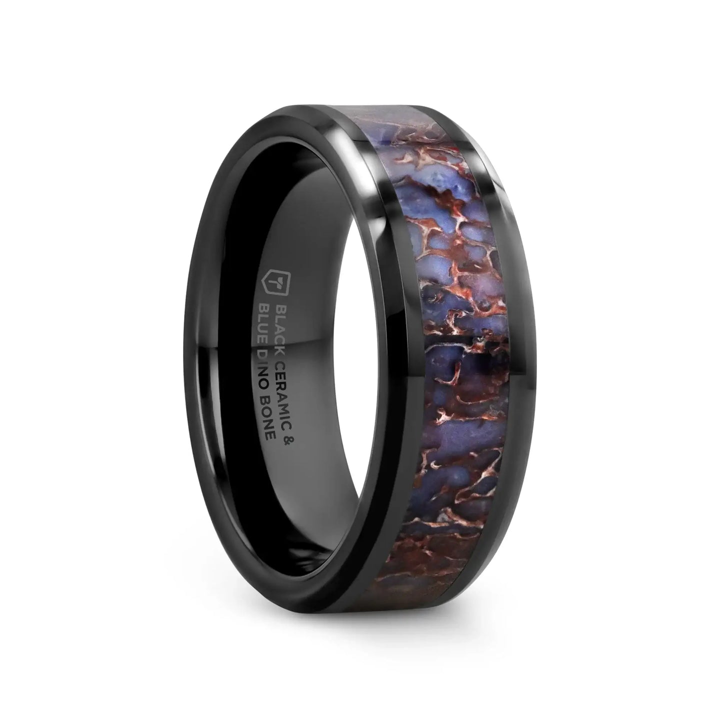 PERMIAN Blue Dinosaur Bone Inlaid Black Ceramic Beveled Edged Ring - 4mm or 8mm - Larson Jewelers