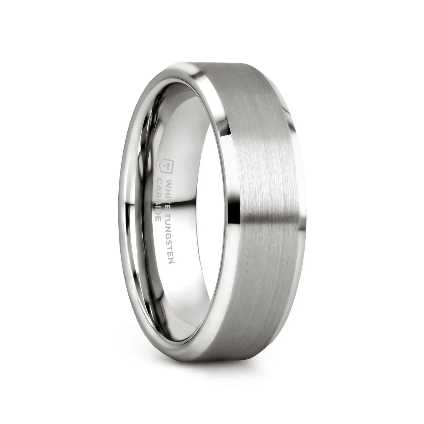 PETERSBURG Brushed Center White Tungsten Ring with Beveled Edges - 4mm - 10mm - Larson Jewelers