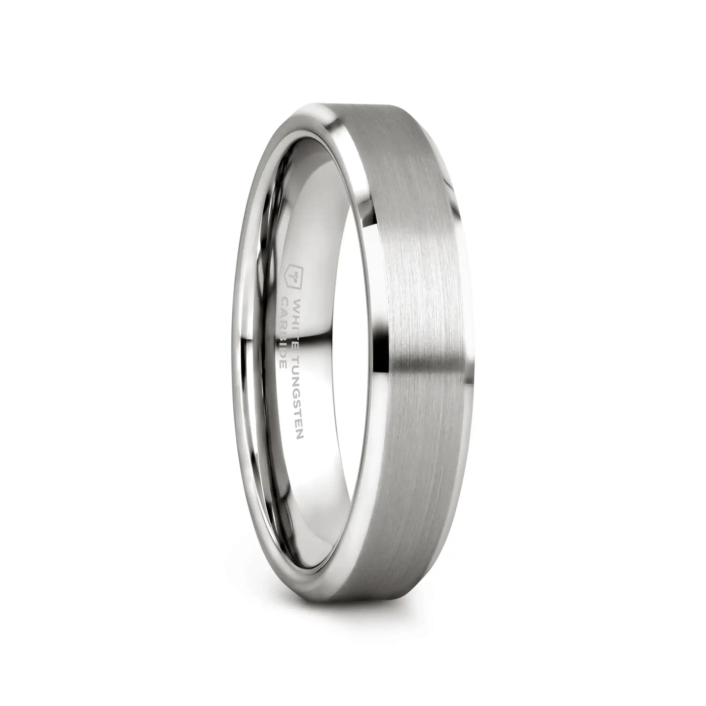 PETERSBURG Brushed Center White Tungsten Ring with Beveled Edges - 4mm - 10mm - Larson Jewelers