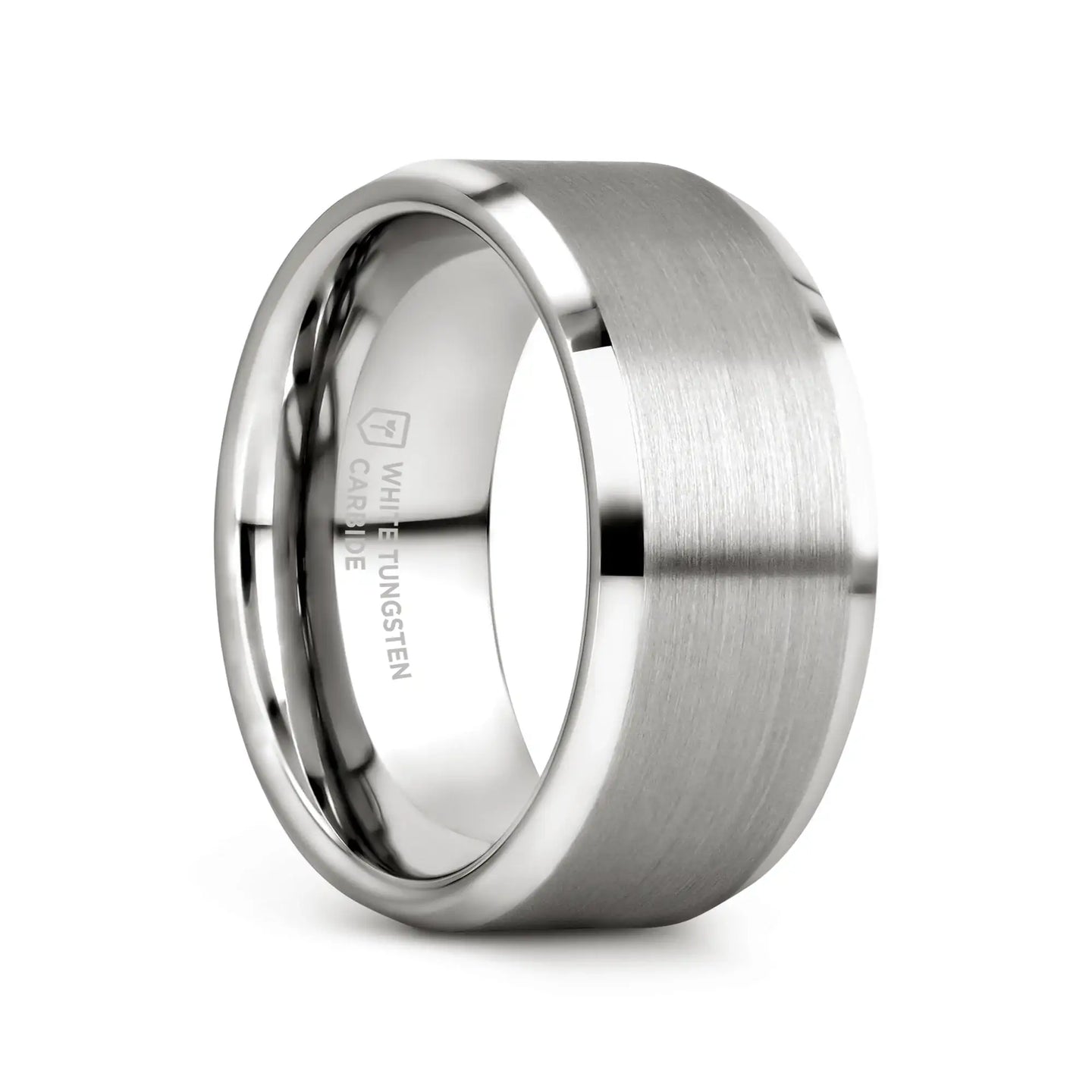 PETERSBURG Brushed Center White Tungsten Ring with Beveled Edges - 4mm - 10mm - Larson Jewelers