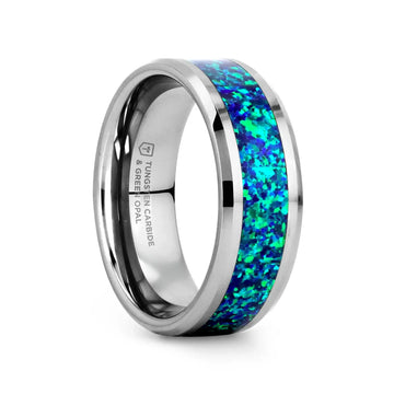 PHOTON Tungsten Beveled Wedding Band with Emerald Green & Sapphire Blue Color Opal Inlay - 6mm & 8mm - Larson Jewelers