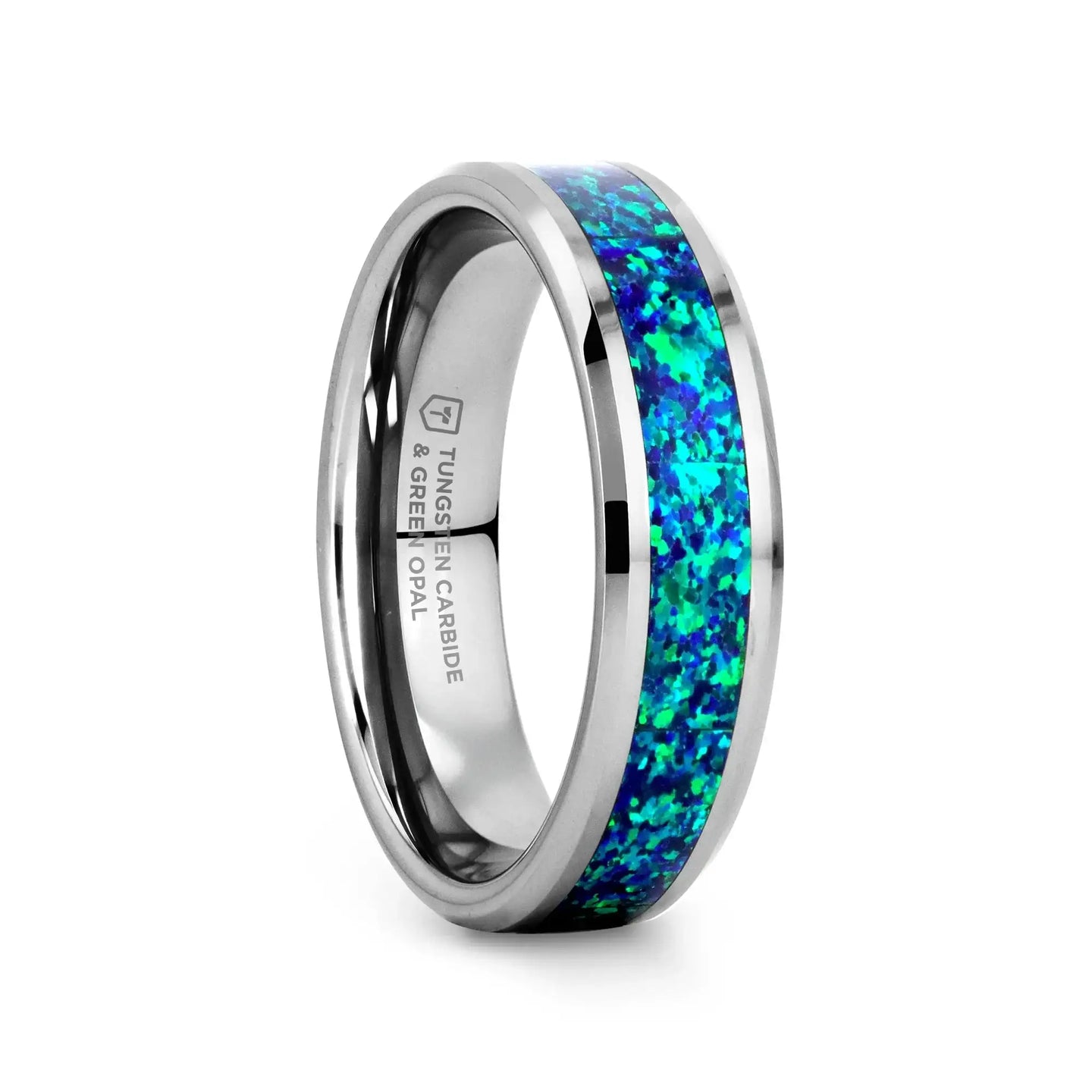 PHOTON Tungsten Beveled Wedding Band with Emerald Green & Sapphire Blue Color Opal Inlay - 6mm & 8mm - Larson Jewelers