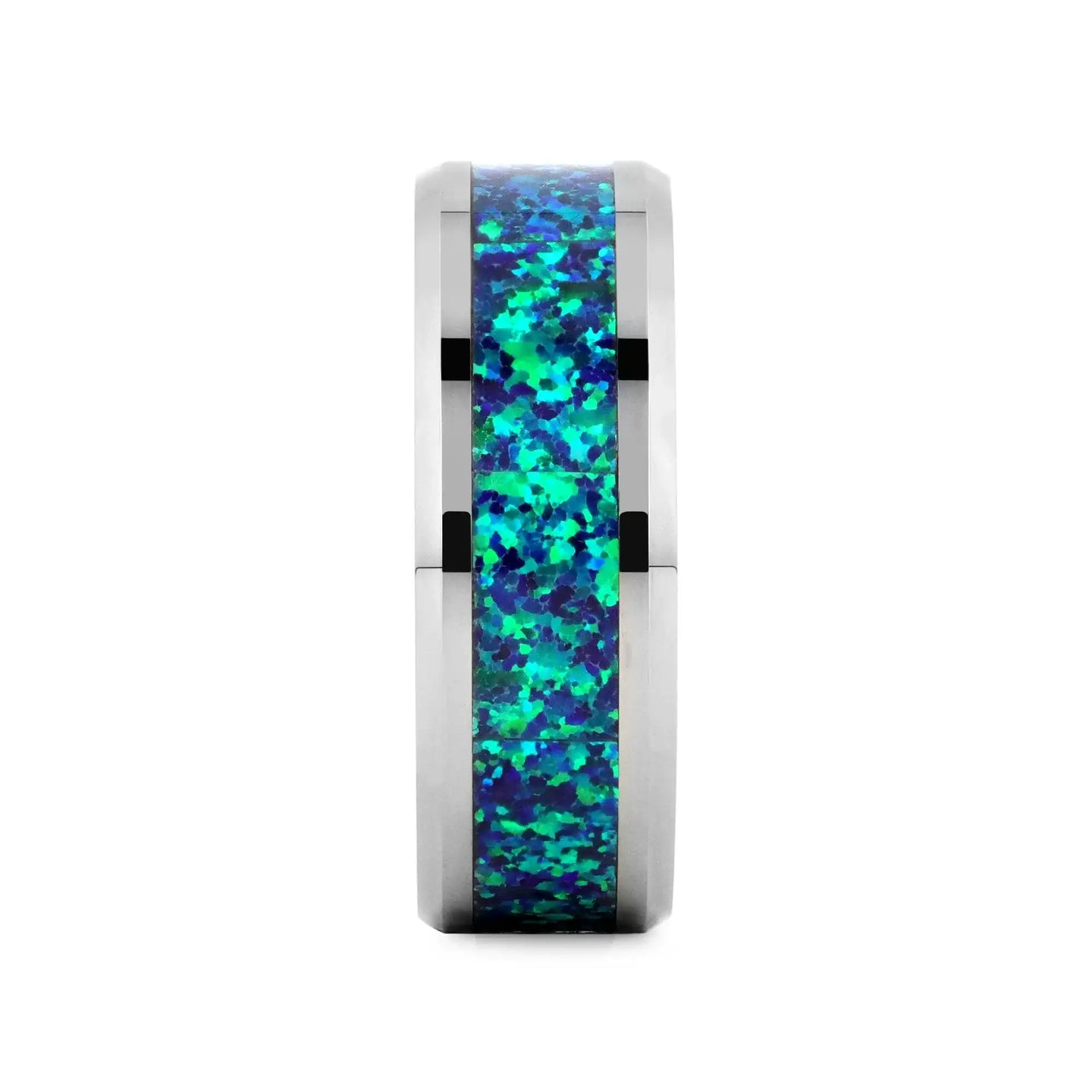 PHOTON Tungsten Beveled Wedding Band with Emerald Green & Sapphire Blue Color Opal Inlay - 6mm & 8mm - Larson Jewelers