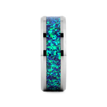 PHOTON Tungsten Beveled Wedding Band with Emerald Green & Sapphire Blue Color Opal Inlay - 6mm & 8mm - Larson Jewelers
