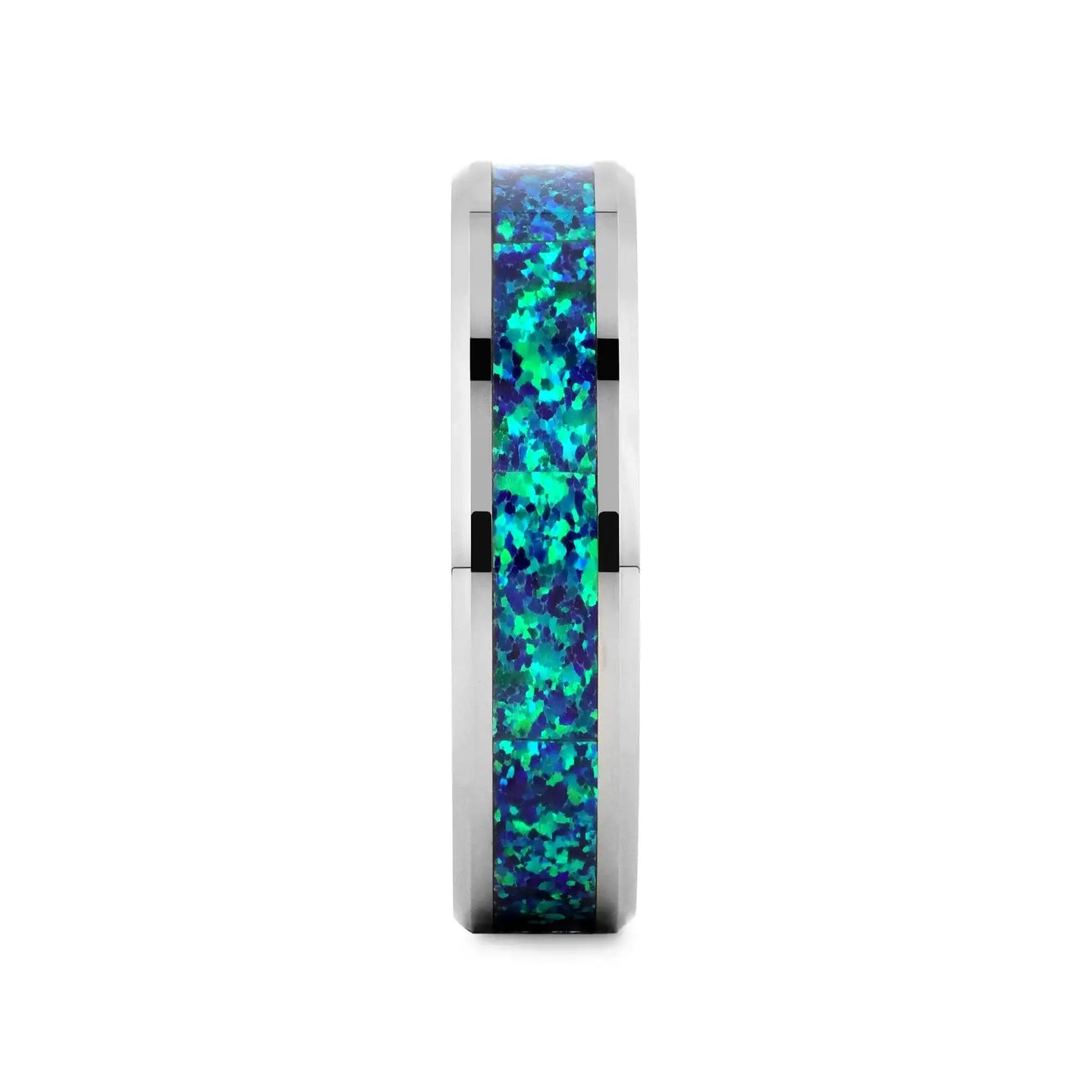 PHOTON Tungsten Beveled Wedding Band with Emerald Green & Sapphire Blue Color Opal Inlay - 6mm & 8mm - Larson Jewelers