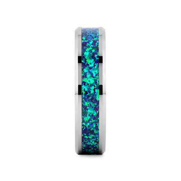 PHOTON Tungsten Beveled Wedding Band with Emerald Green & Sapphire Blue Color Opal Inlay - 6mm & 8mm - Larson Jewelers