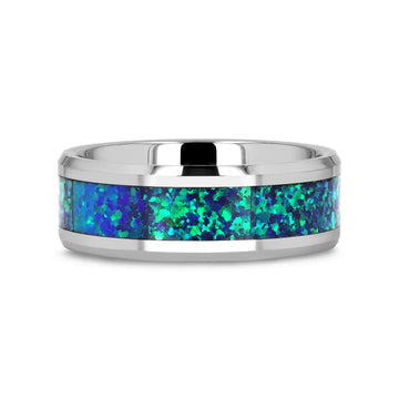 PHOTON Tungsten Beveled Wedding Band with Emerald Green & Sapphire Blue Color Opal Inlay - 6mm & 8mm - Larson Jewelers