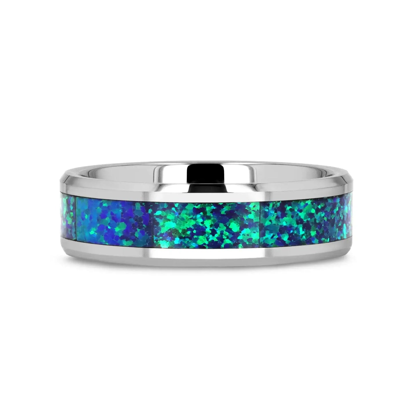 PHOTON Tungsten Beveled Wedding Band with Emerald Green & Sapphire Blue Color Opal Inlay - 6mm & 8mm - Larson Jewelers