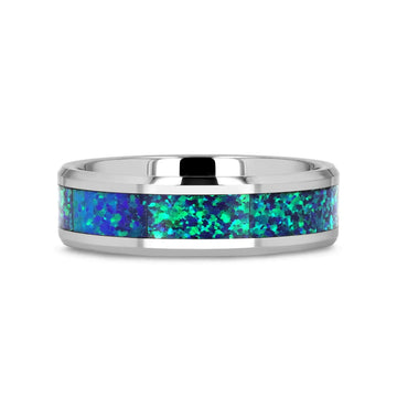 PHOTON Tungsten Beveled Wedding Band with Emerald Green & Sapphire Blue Color Opal Inlay - 6mm & 8mm - Larson Jewelers