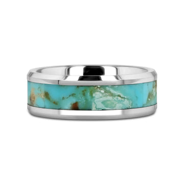 PIERRE Men’s Polished Tungsten Wedding Band with Light Blue Turquoise Stone Inlay & Polished Beveled Edges - 8mm - Larson Jewelers
