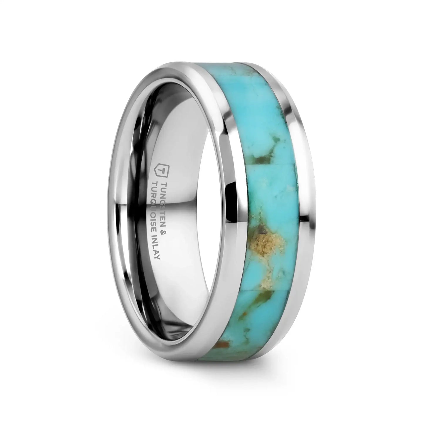 PIERRE Men’s Polished Tungsten Wedding Band with Light Blue Turquoise Stone Inlay & Polished Beveled Edges - 8mm - Larson Jewelers