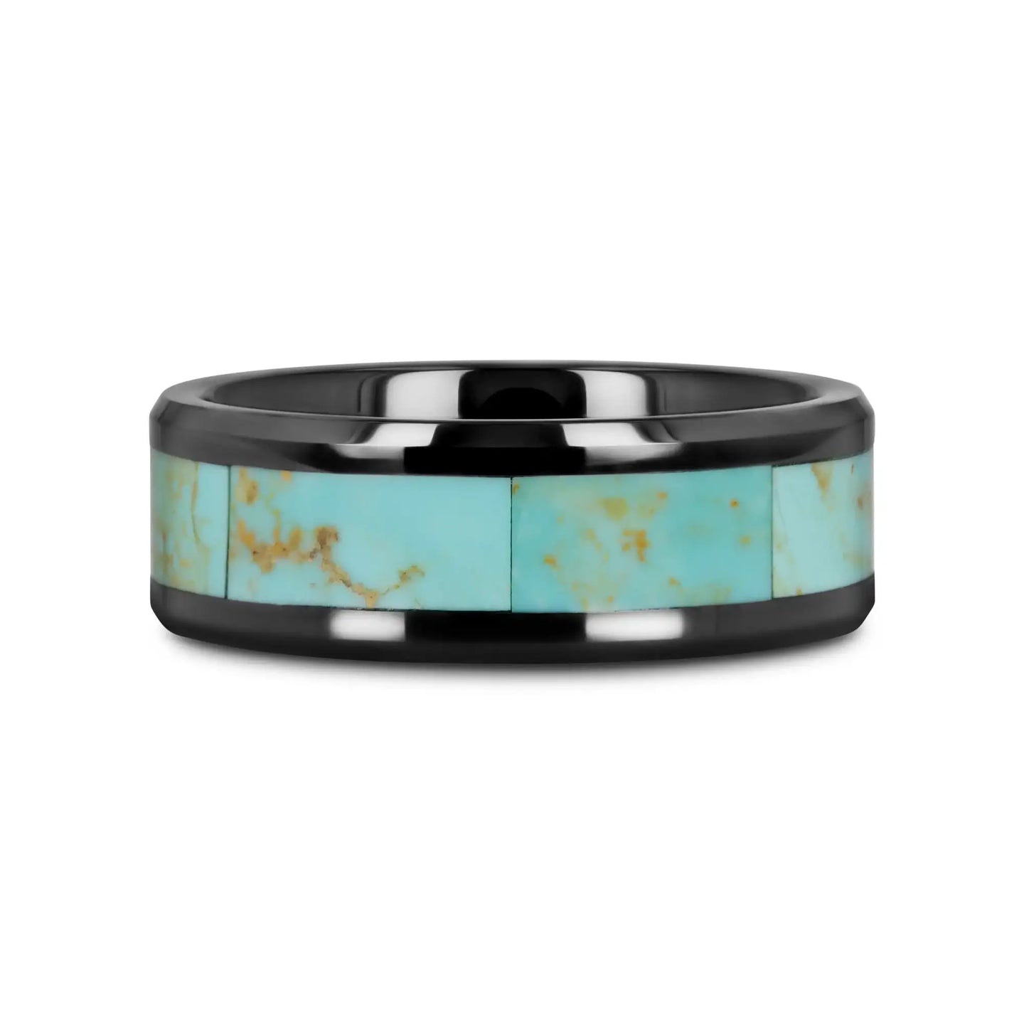 PIETRO Men’s Polished Black Ceramic Wedding Band with Light Blue Turquoise Stone Inlay & Polished Beveled Edges - 8mm - Larson Jewelers