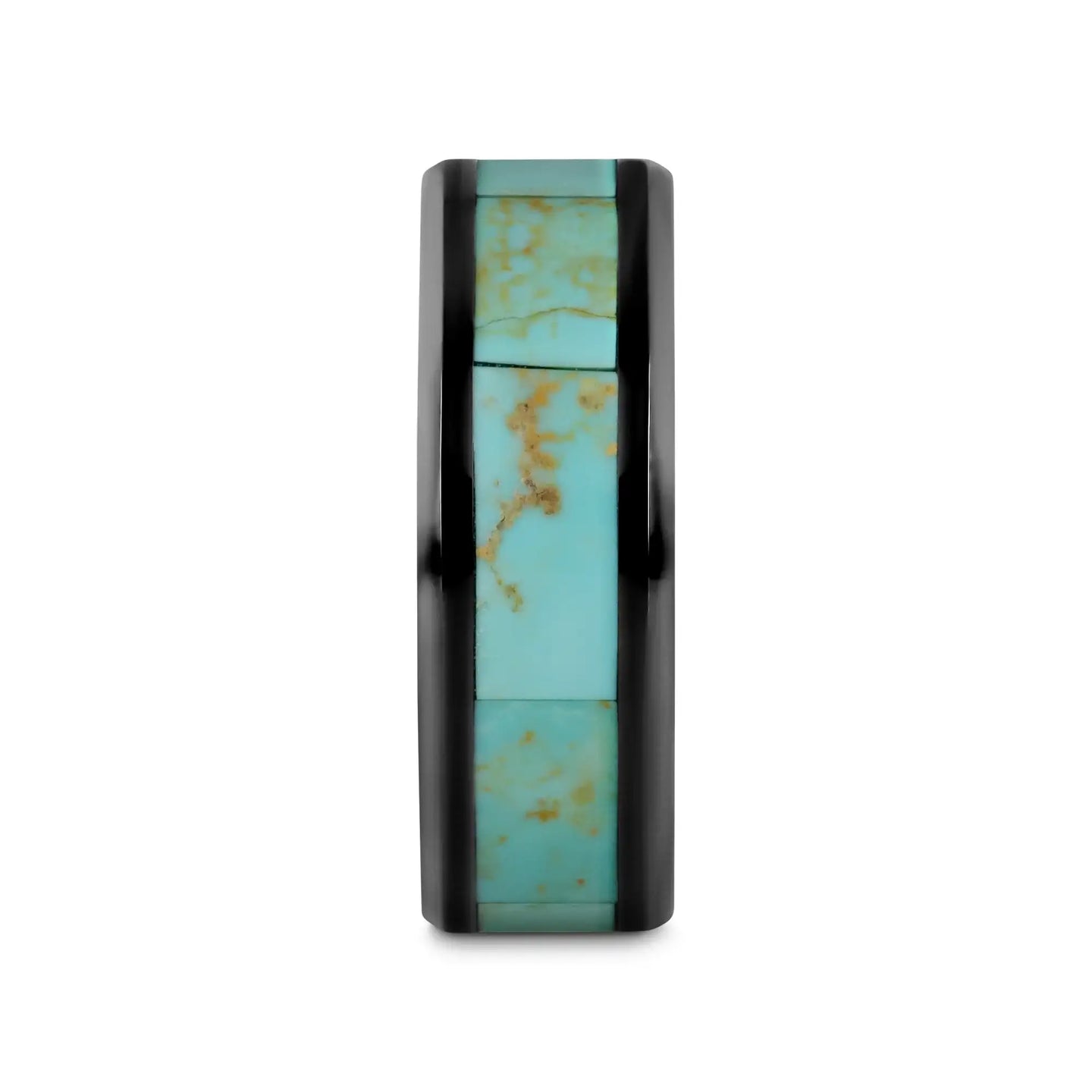 PIETRO Men’s Polished Black Ceramic Wedding Band with Light Blue Turquoise Stone Inlay & Polished Beveled Edges - 8mm - Larson Jewelers