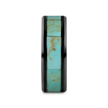 PIETRO Men’s Polished Black Ceramic Wedding Band with Light Blue Turquoise Stone Inlay & Polished Beveled Edges - 8mm - Larson Jewelers