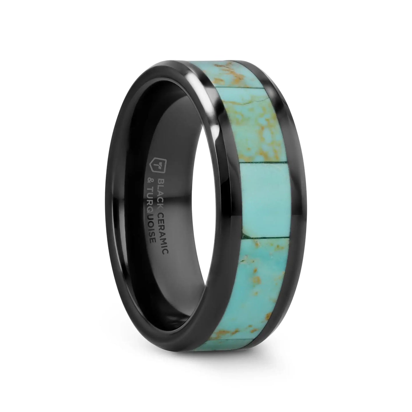 PIETRO Men’s Polished Black Ceramic Wedding Band with Light Blue Turquoise Stone Inlay & Polished Beveled Edges - 8mm - Larson Jewelers