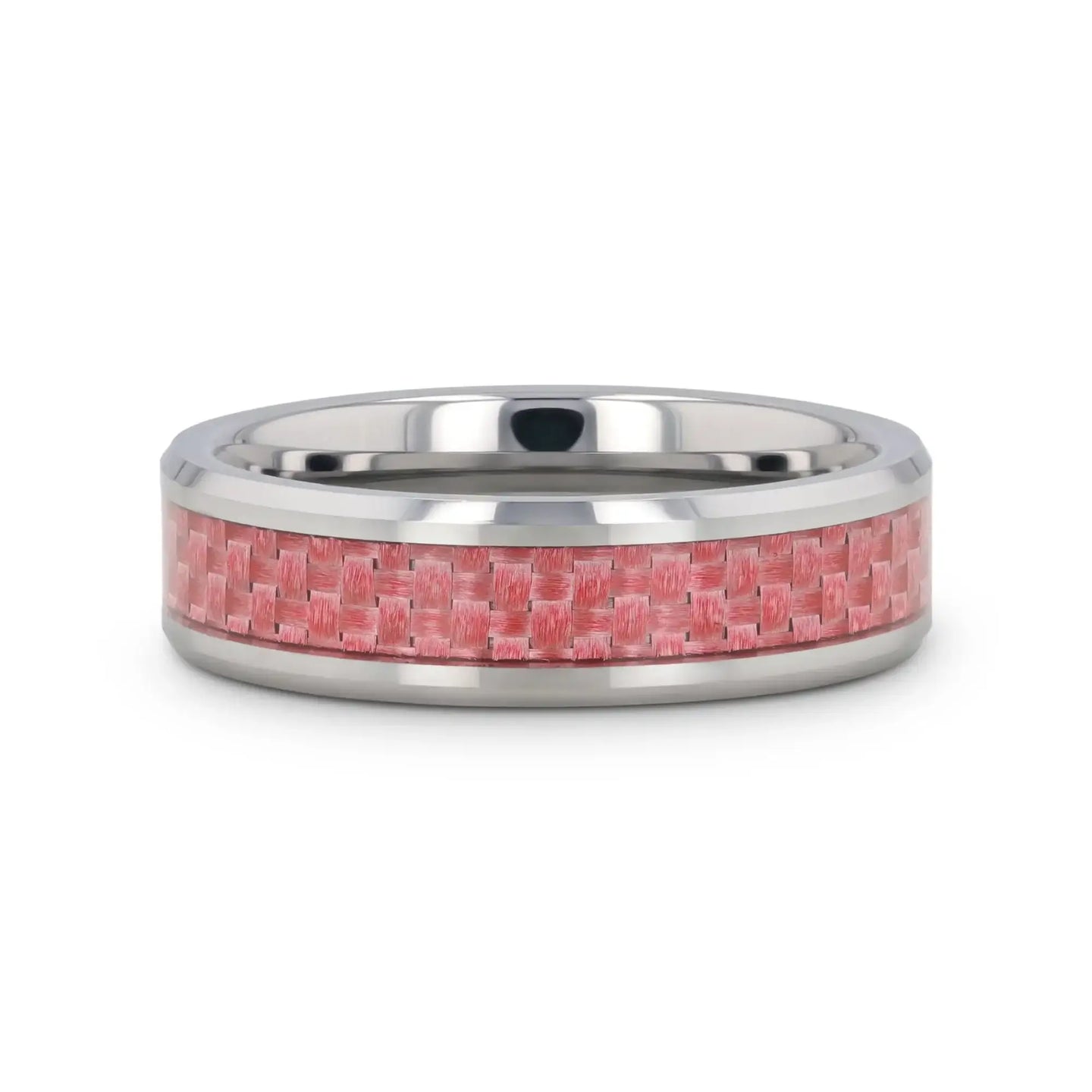 PINK Beveled Tungsten Wedding Band with Pink Carbon Fiber -4mm & 6mm - Larson Jewelers