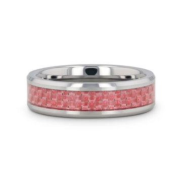PINK Beveled Tungsten Wedding Band with Pink Carbon Fiber -4mm & 6mm - Larson Jewelers
