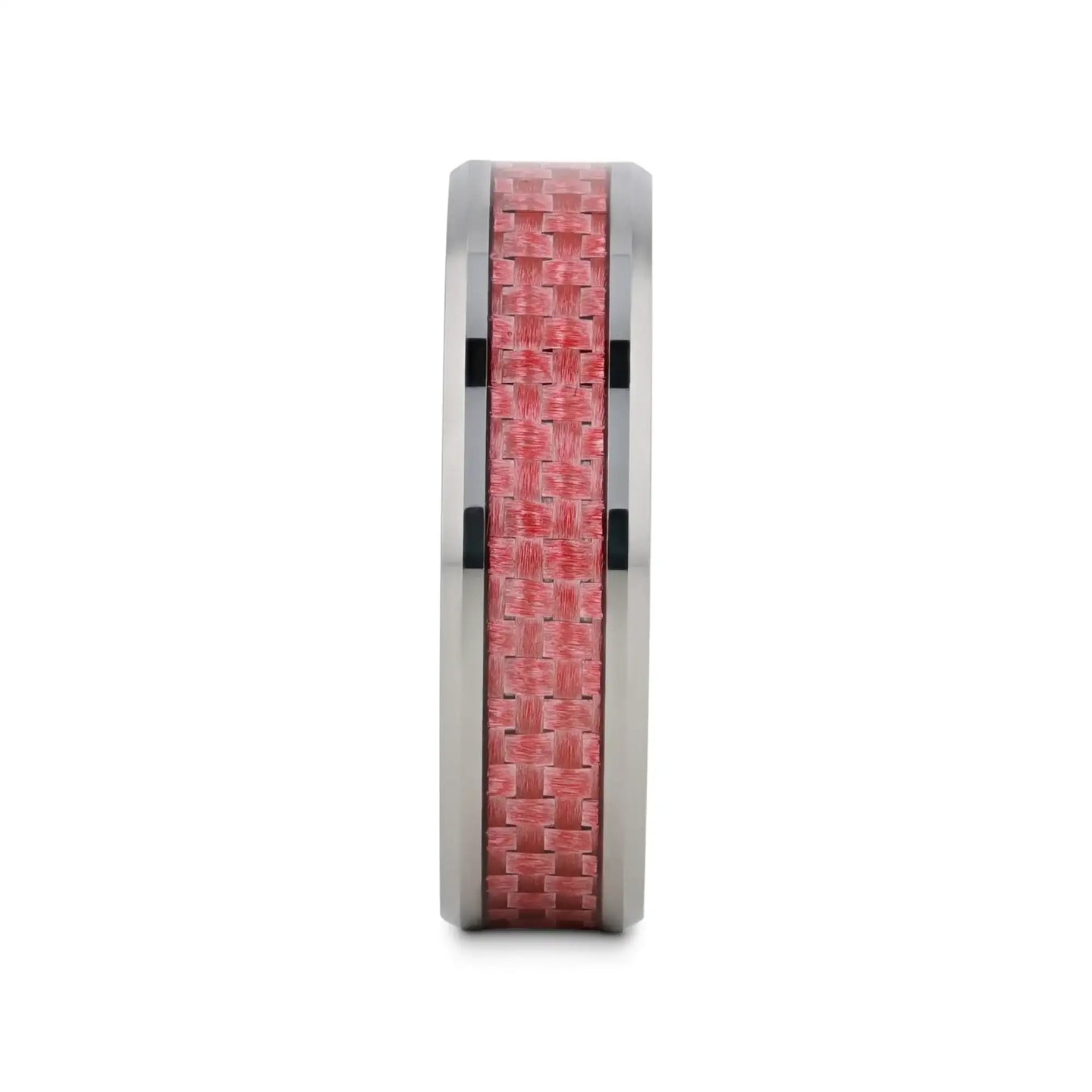 PINK Beveled Tungsten Wedding Band with Pink Carbon Fiber -4mm & 6mm - Larson Jewelers