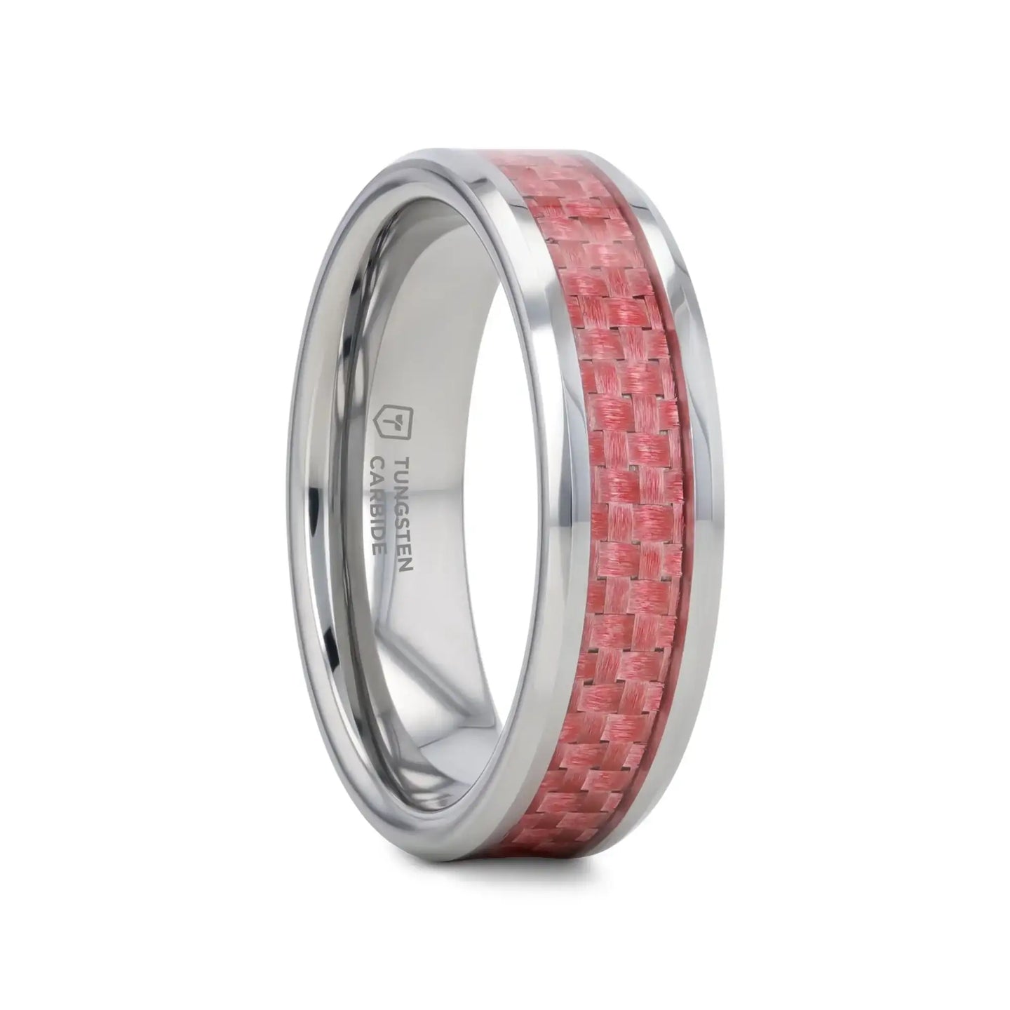 PINK Beveled Tungsten Wedding Band with Pink Carbon Fiber -4mm & 6mm - Larson Jewelers