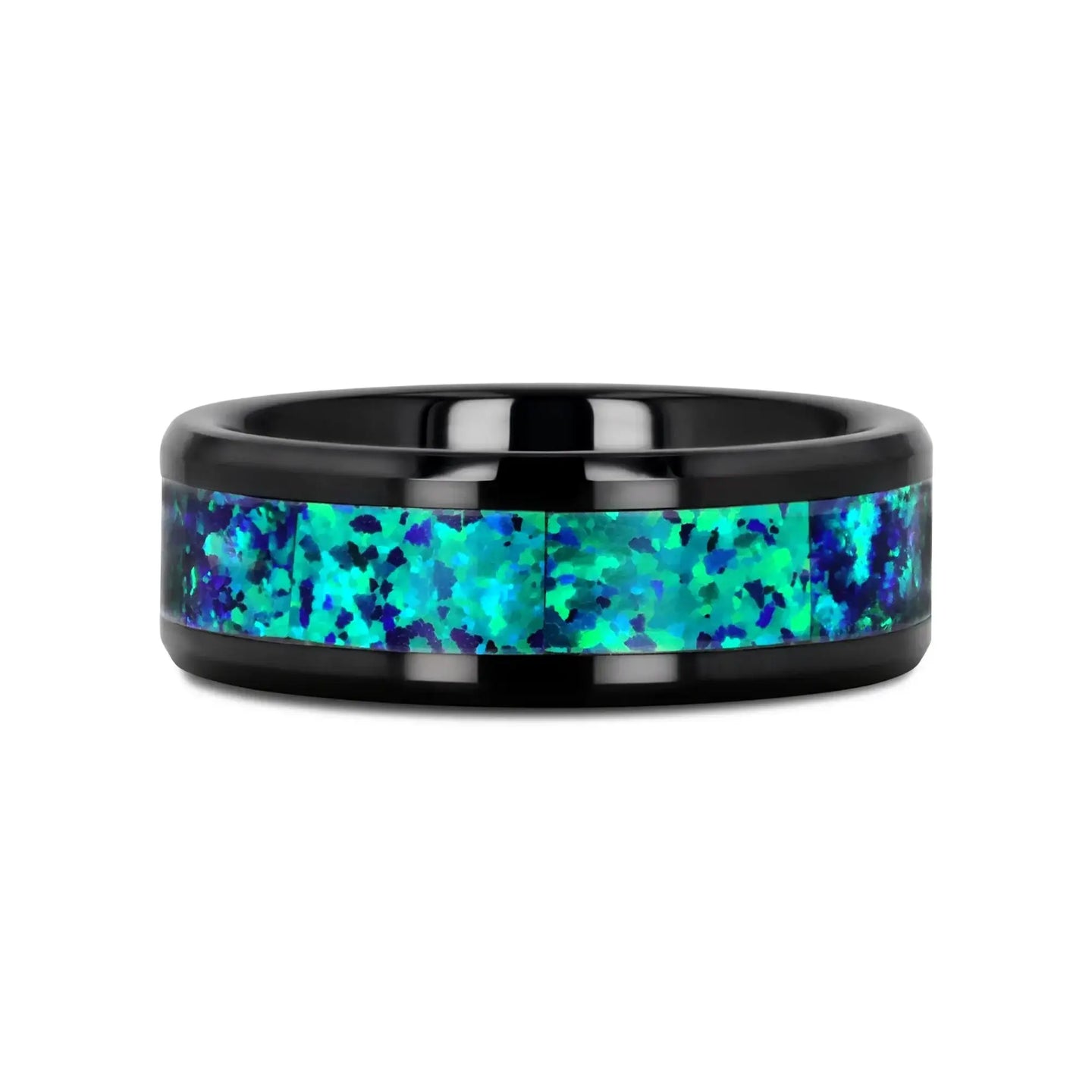 PULSAR Black Ceramic Wedding Band with Beveled Edges and Emerald Green & Sapphire Blue Color Opal Inlay - 6mm or 8 mm - Larson Jewelers