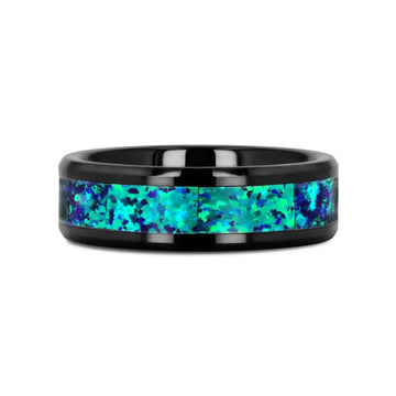 PULSAR Black Ceramic Wedding Band with Beveled Edges and Emerald Green & Sapphire Blue Color Opal Inlay - 6mm or 8 mm - Larson Jewelers