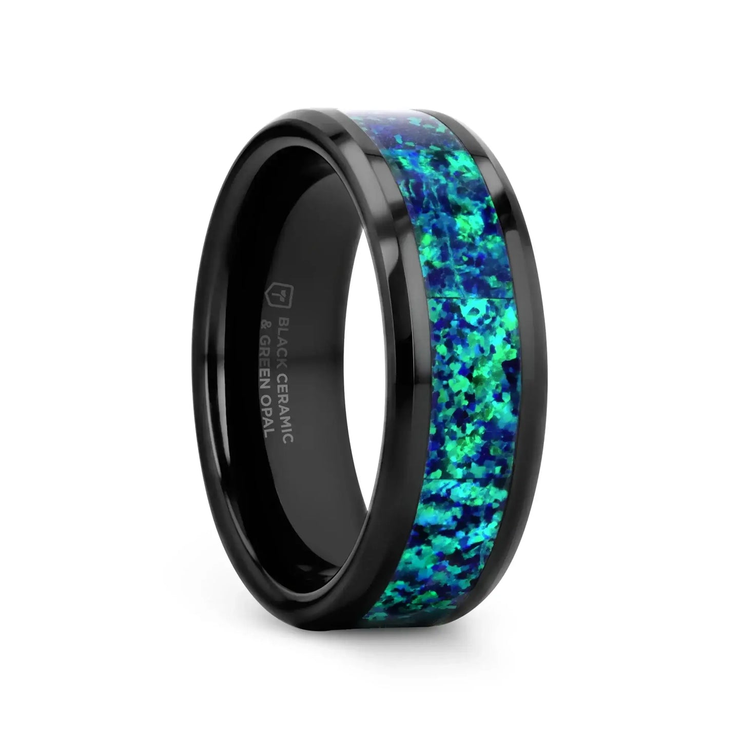 PULSAR Black Ceramic Wedding Band with Beveled Edges and Emerald Green & Sapphire Blue Color Opal Inlay - 6mm or 8 mm - Larson Jewelers