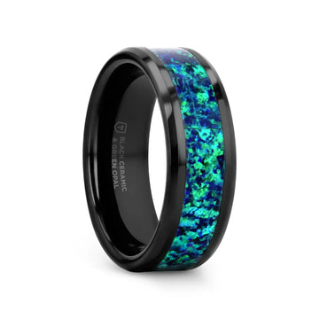 PULSAR Black Ceramic Wedding Band with Beveled Edges and Emerald Green & Sapphire Blue Color Opal Inlay - 6mm or 8 mm - Larson Jewelers