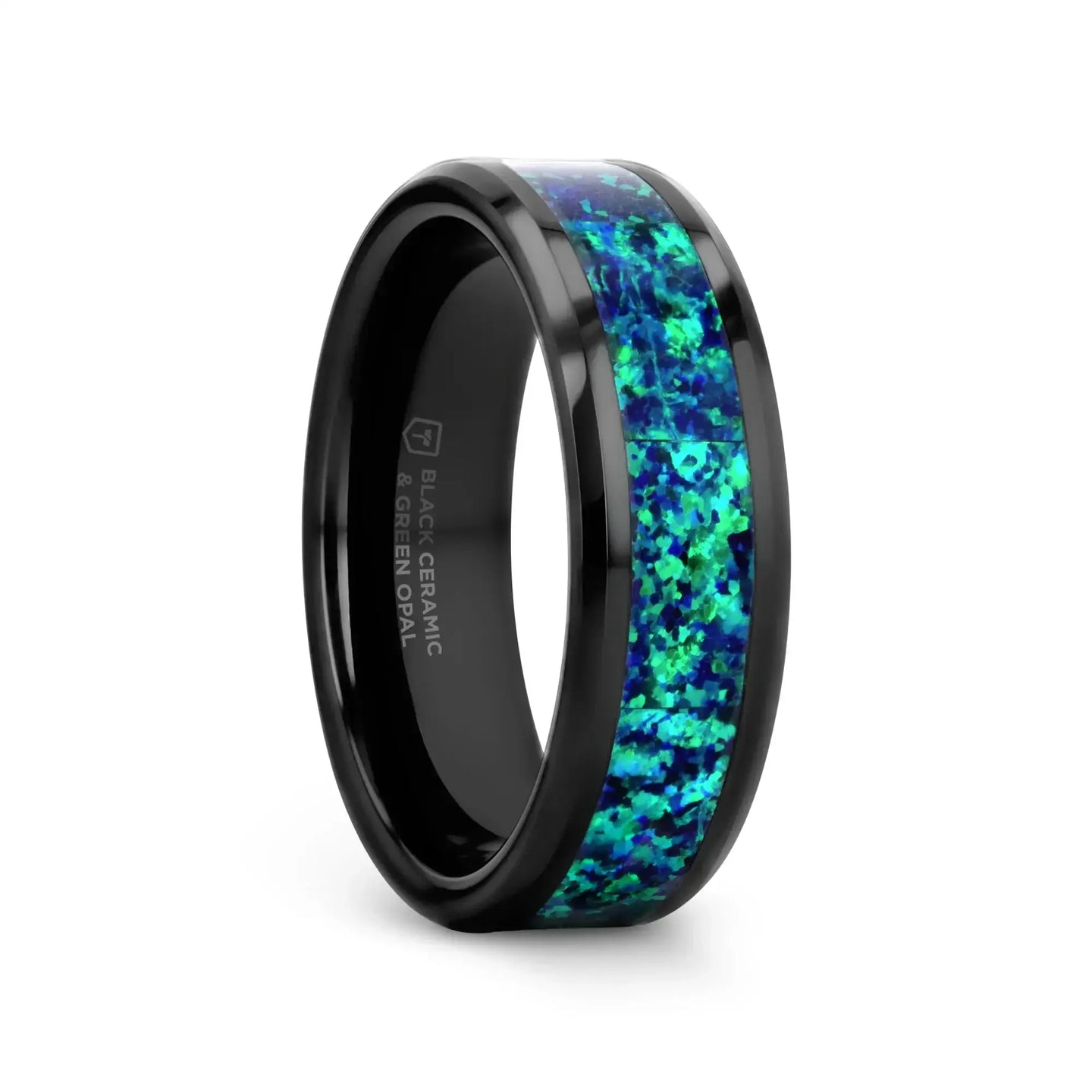 PULSAR Black Ceramic Wedding Band with Beveled Edges and Emerald Green & Sapphire Blue Color Opal Inlay - 6mm or 8 mm - Larson Jewelers