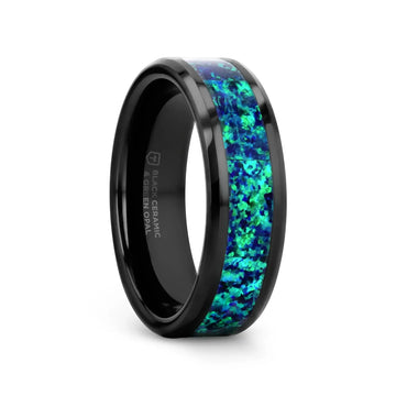 PULSAR Black Ceramic Wedding Band with Beveled Edges and Emerald Green & Sapphire Blue Color Opal Inlay - 6mm or 8 mm - Larson Jewelers