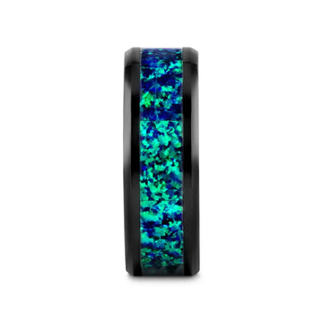 PULSAR Black Ceramic Wedding Band with Beveled Edges and Emerald Green & Sapphire Blue Color Opal Inlay - 6mm or 8 mm - Larson Jewelers