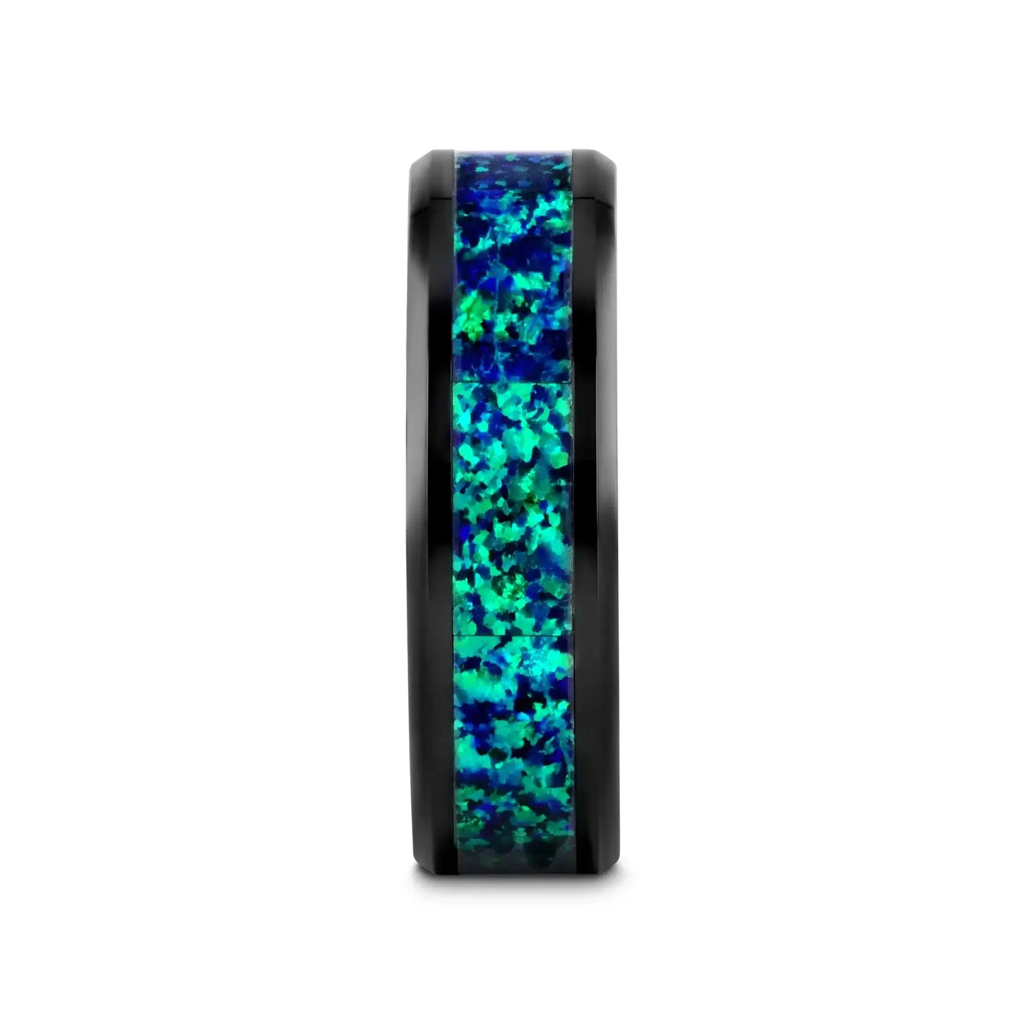 PULSAR Black Ceramic Wedding Band with Beveled Edges and Emerald Green & Sapphire Blue Color Opal Inlay - 6mm or 8 mm - Larson Jewelers